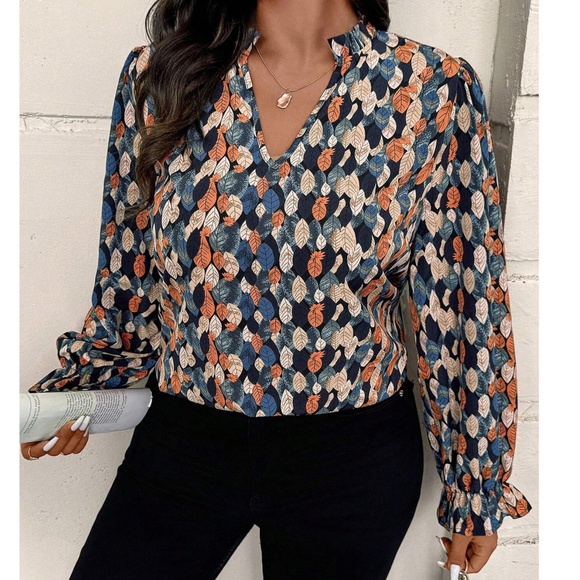 Plus Colorful Print Notched Frill neck Long Sleeeve Blouse - Picture 4 of 5